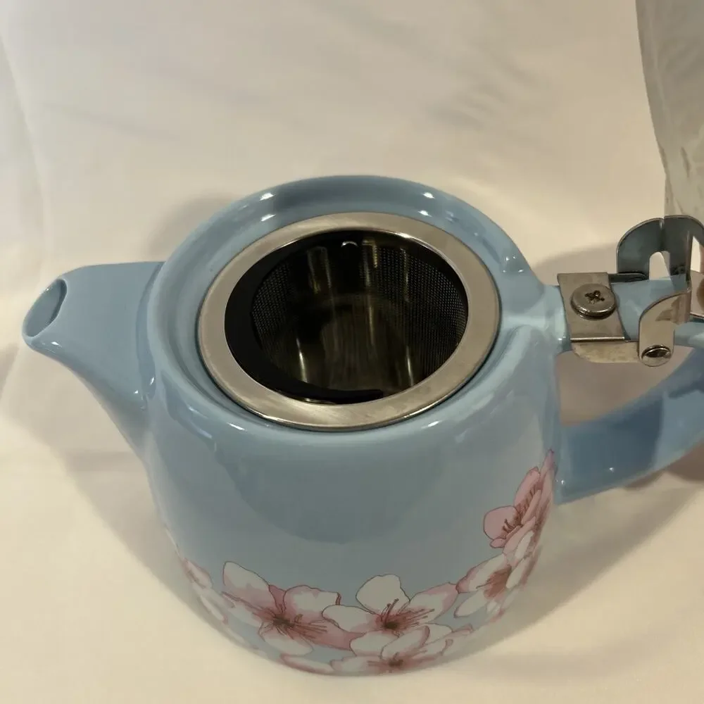 Teapot for One with Tea Infuser, Blue with Pink Flowers 16 ounce